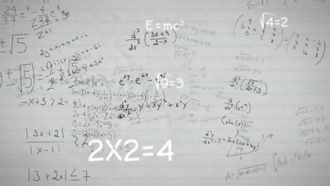 animación de ecuaciones matemáticas y diagramas flotando contra un fondo de papel con líneas blancas