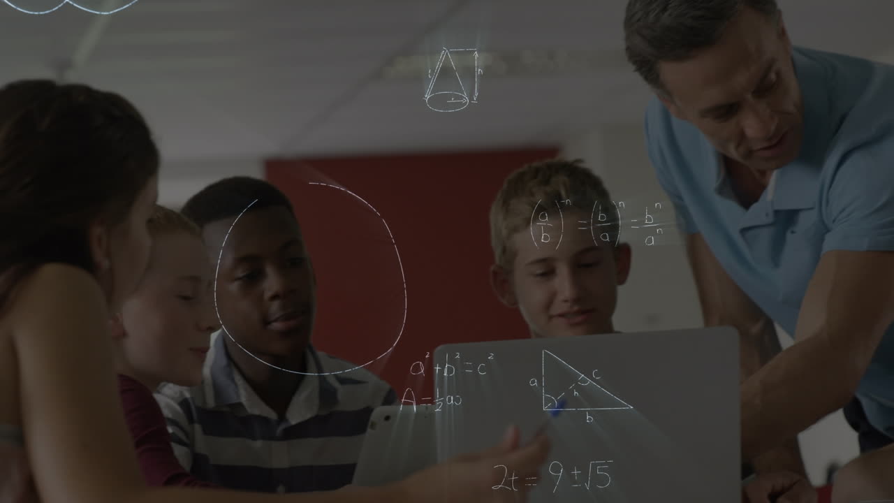 Animation of math graphs over caucasian male teacher and class of diverse students at school