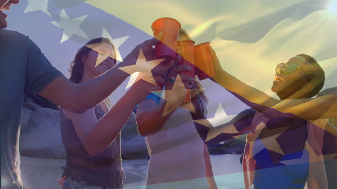 Group of friends toasting with red cups over American flag animation