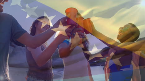 group of friends toasting with red cups over american flag animation