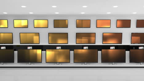 animation of rows of television sets with glowing pattern on orange screens in store