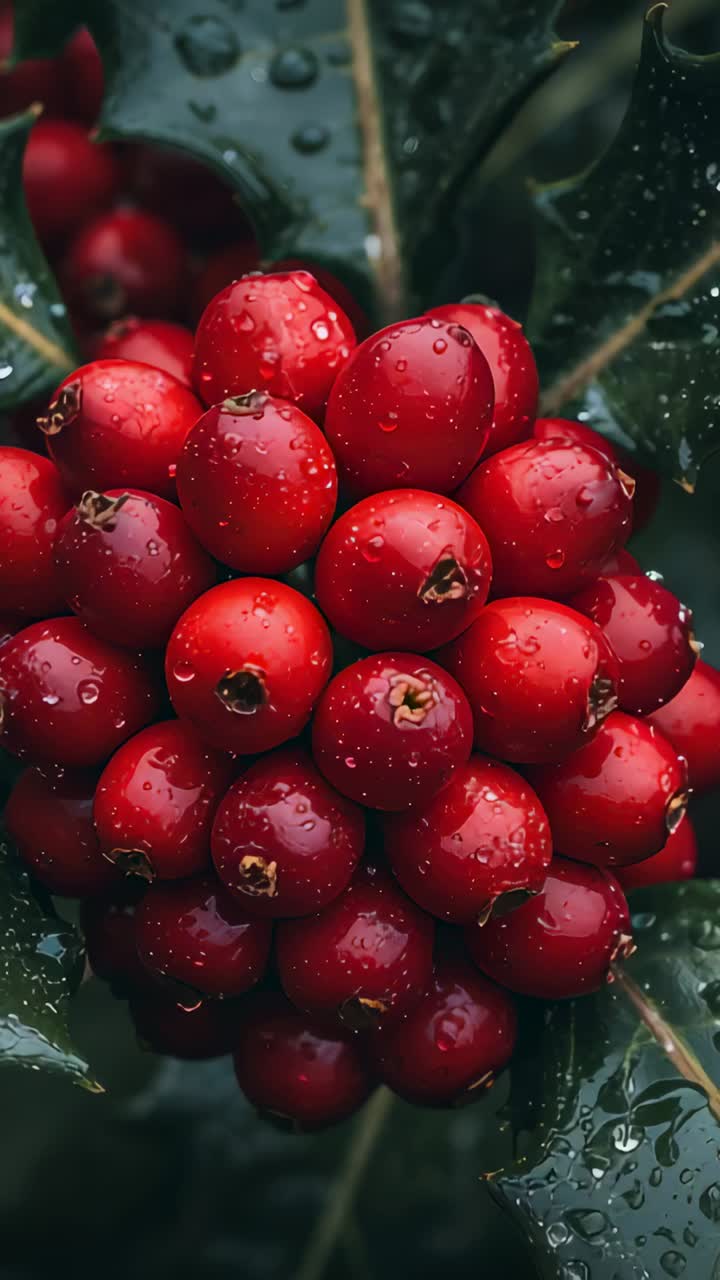 Vertical video: Zooming camera closing shot in woods, showing red berries with spiny leaves and dew