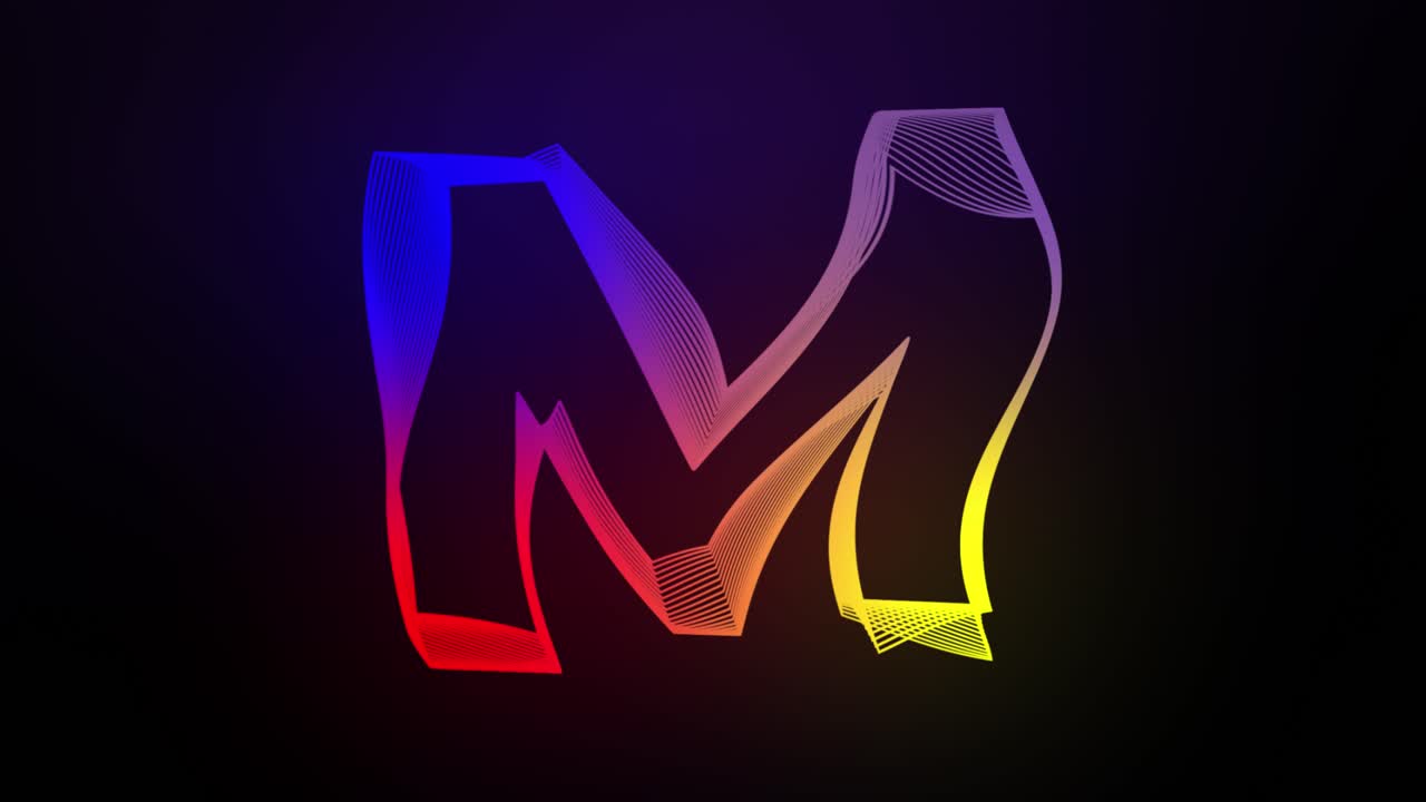 3D Letter M swirling lines animation on dark gradient background abstract dynamic motion graphics particle glow typography visual effect rainbow digital alphabet