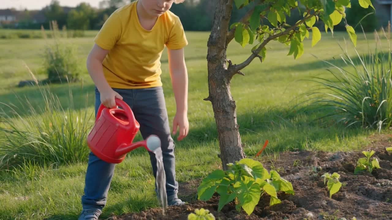 Jonge jongen geeft een kleine boom water in een groene tuin