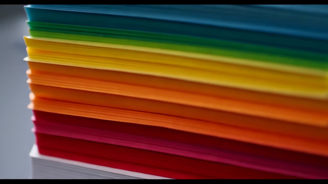 Die Kamera schwenkt und enthüllt gestapelte Regenbogenpapierkanten auf einem Studiotisch, wobei weiße Deckblätter präsentiert werden