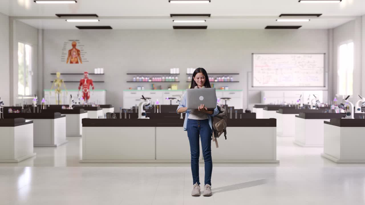 cuerpo lleno de estudiante adolescente asiática con una mochila usar portátil y apuntando a un lado mientras está de pie en el laboratorio de ciencias