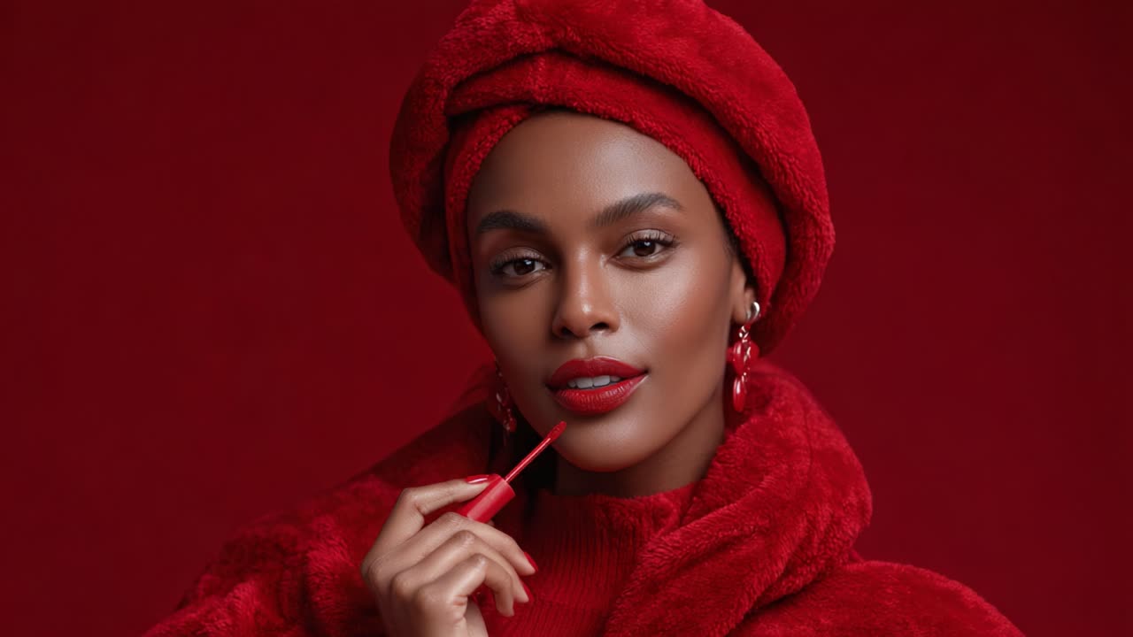 A Captivating Portrait of Elegance: A Beautiful Individual Posing in Rich Red, Radiating Confidence and Style with Striking Makeup and Fashion Accessories