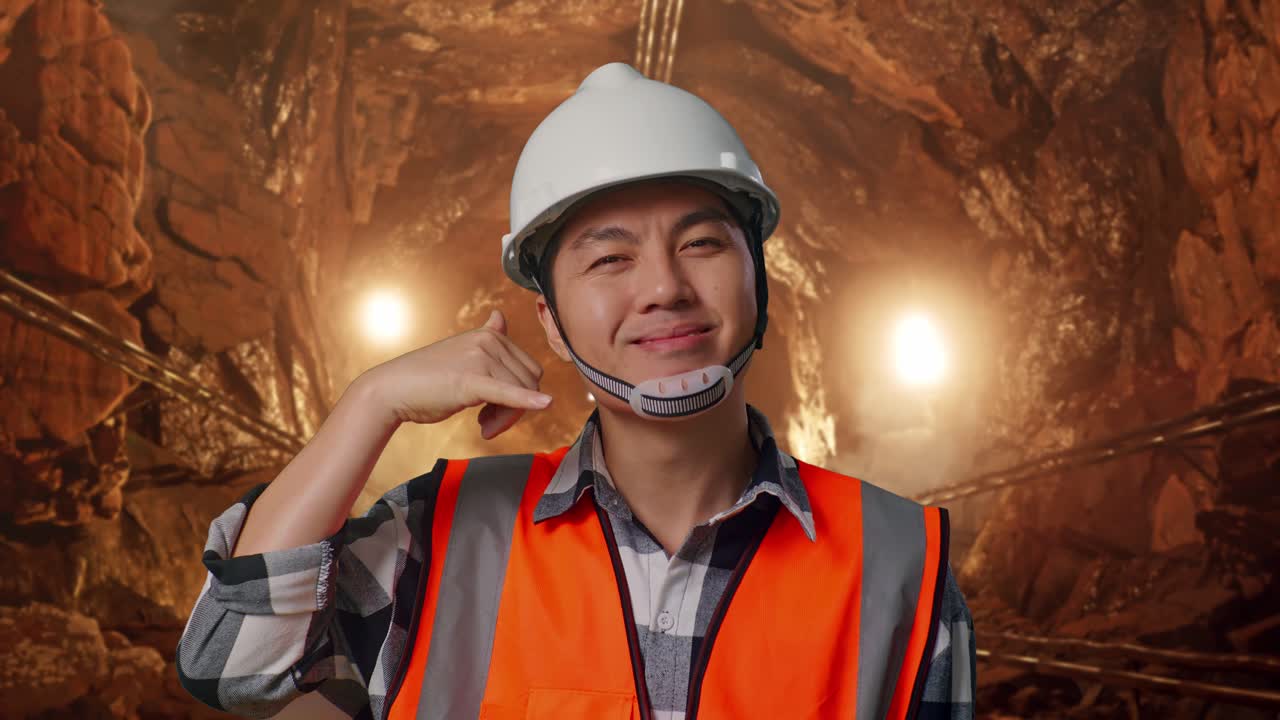 Close Up Of Asian Male Engineer With Safety Helmet Smiling To Camera And Making Call Me Gesture While Standing In Underground Mine Tunnel