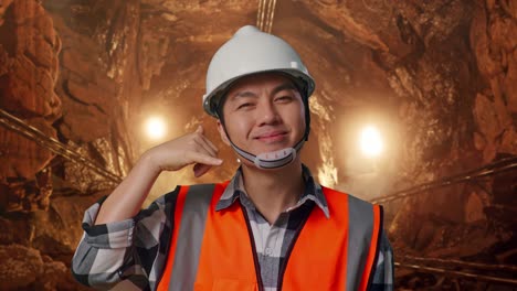 close up of asian male engineer with safety helmet smiling to camera and making call me gesture while standing in underground mine tunnel