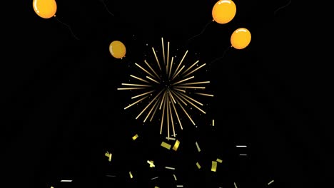 Animation-Von-Gelben-Luftballons-Und-Feuerwerk-Auf-Dunklem-Hintergrund