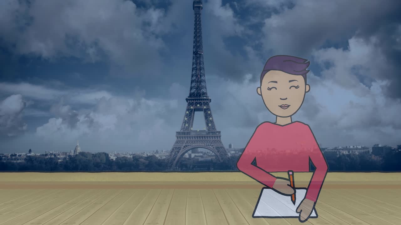 중국 소년이 노트북에 글을 쓰고 있는 애니메이션 이펠탑을 배경으로