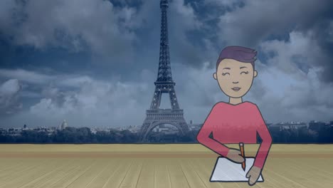 animación de un niño chino escribiendo en un cuaderno sobre la torre eiffel en el fondo