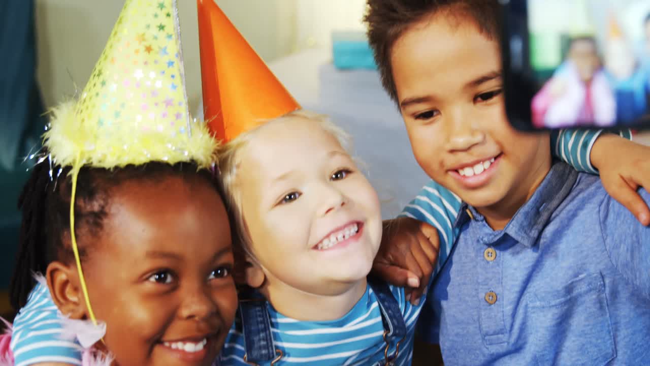 Kids talking selfie during birthday party 4k