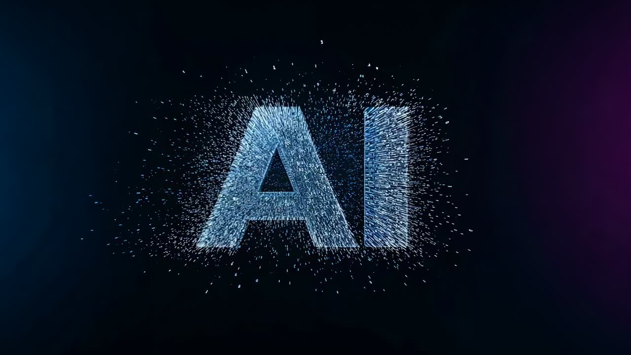 Bursting particles forming AI letters in dark studio, sending radial trails with blue magenta glows