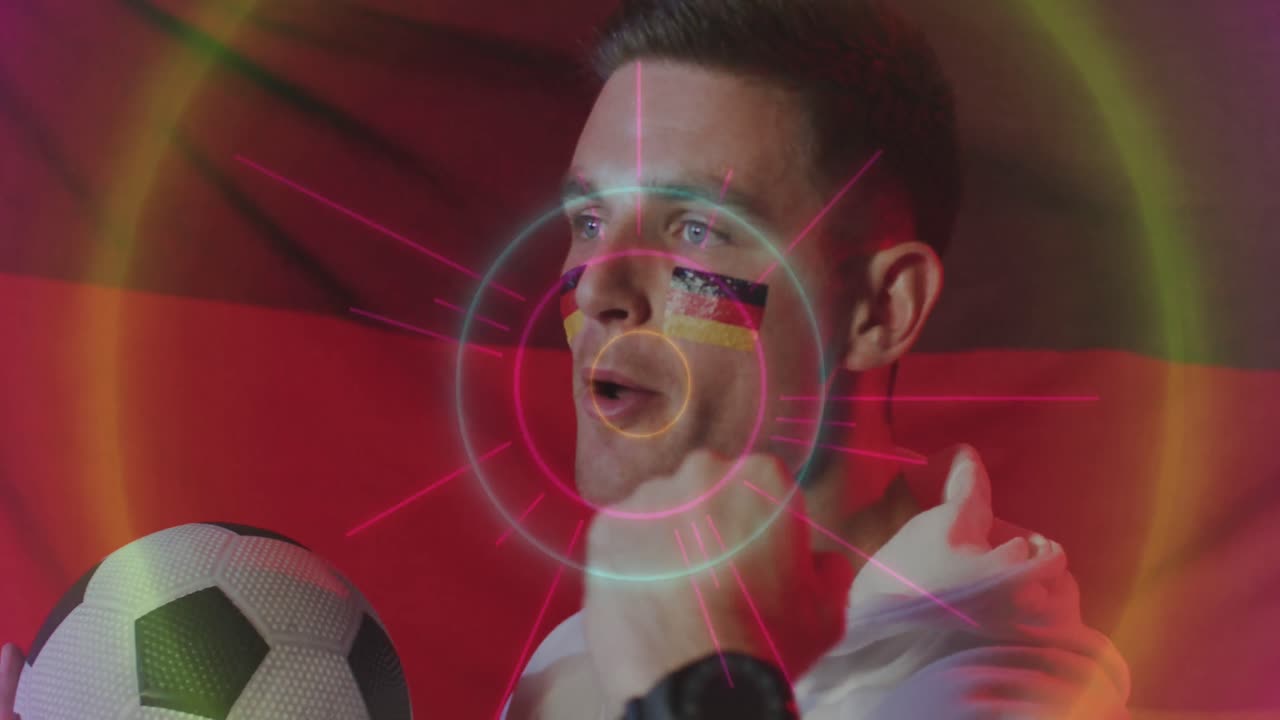 독일 발을 들고 축하하는 카쿠아시아 축구 선수 위에 떨어지는 콘페티의 애니메이션