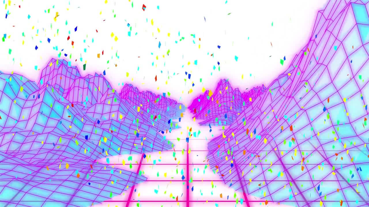 animación de confeti cayendo sobre montañas digitales sobre un fondo blanco