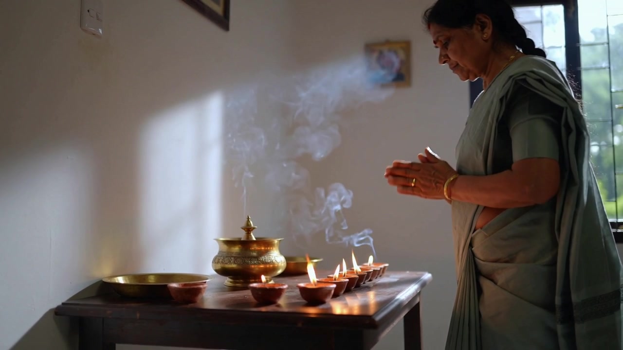Donna indiana chinata in sari verde chiaro che accende delle diya durante una preghiera domestica, posizionando un kalash, con spazio per il testo.