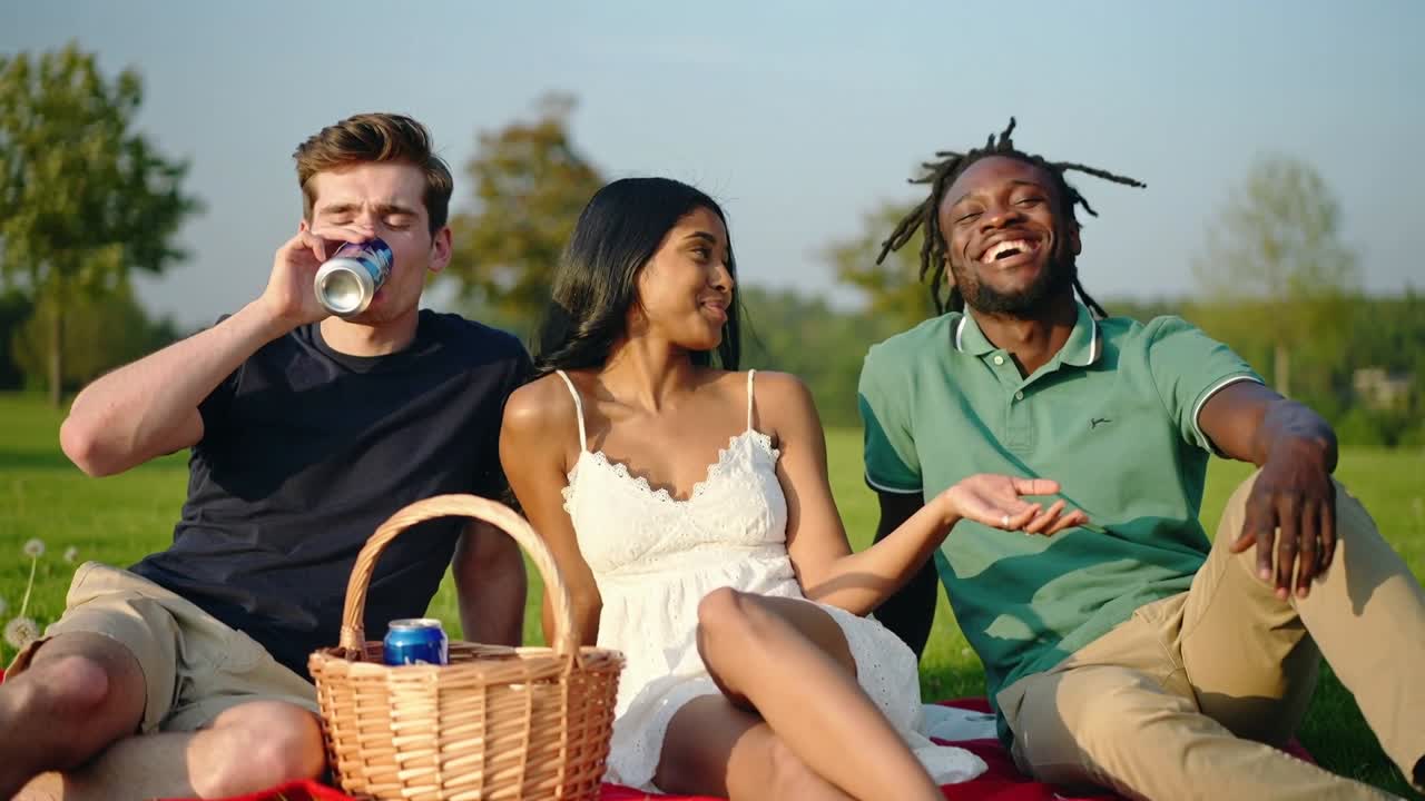 Tre persone che parlano in un parco. Su una coperta rossa, una donna in abito bianco gesticola, facendo ridere la persona a destra, mentre quella a sinistra sorseggia da una lattina blu.