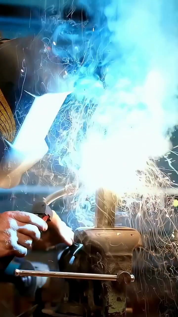 Vertical video: Lighting arc, helmeted welder welding joint at bench, joining metal with torch