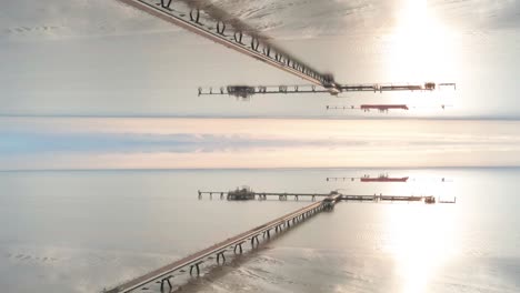 Puente-Del-Muelle-De-Petróleo-En-El-Mar-Del-Norte,-Vista-Aérea-Abstracta-De-Drones-Con-Reflejo-De-Espejo