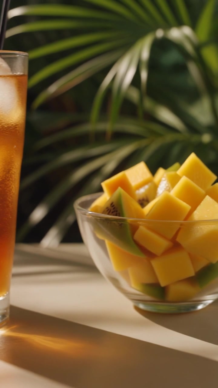 Bicchiere di tè freddo e ciotola di cubetti di mango fresco.