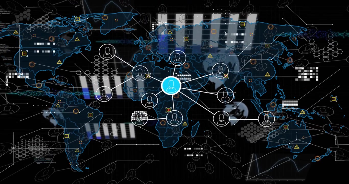 Central cyan hub appearing pulsing, sending spokes, linking nodes, overlaying panels, showing data