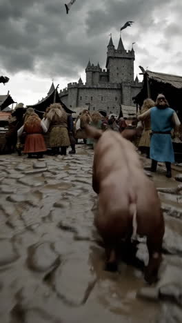 medieval fairytale town with people and pig