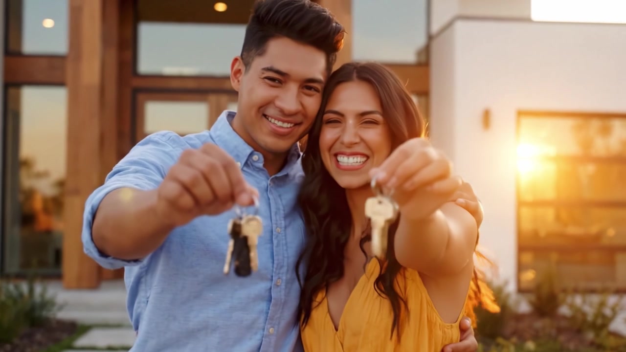 Una celebración alegre de nuevos comienzos: una pareja mostrando con entusiasmo las llaves de su nuevo hogar al atardecer frente a su hermosa casa.