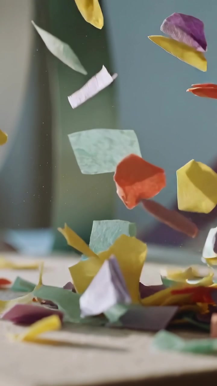Vertical video: Bursting offscreen, multicolored confetti falling and piling on table, green prop