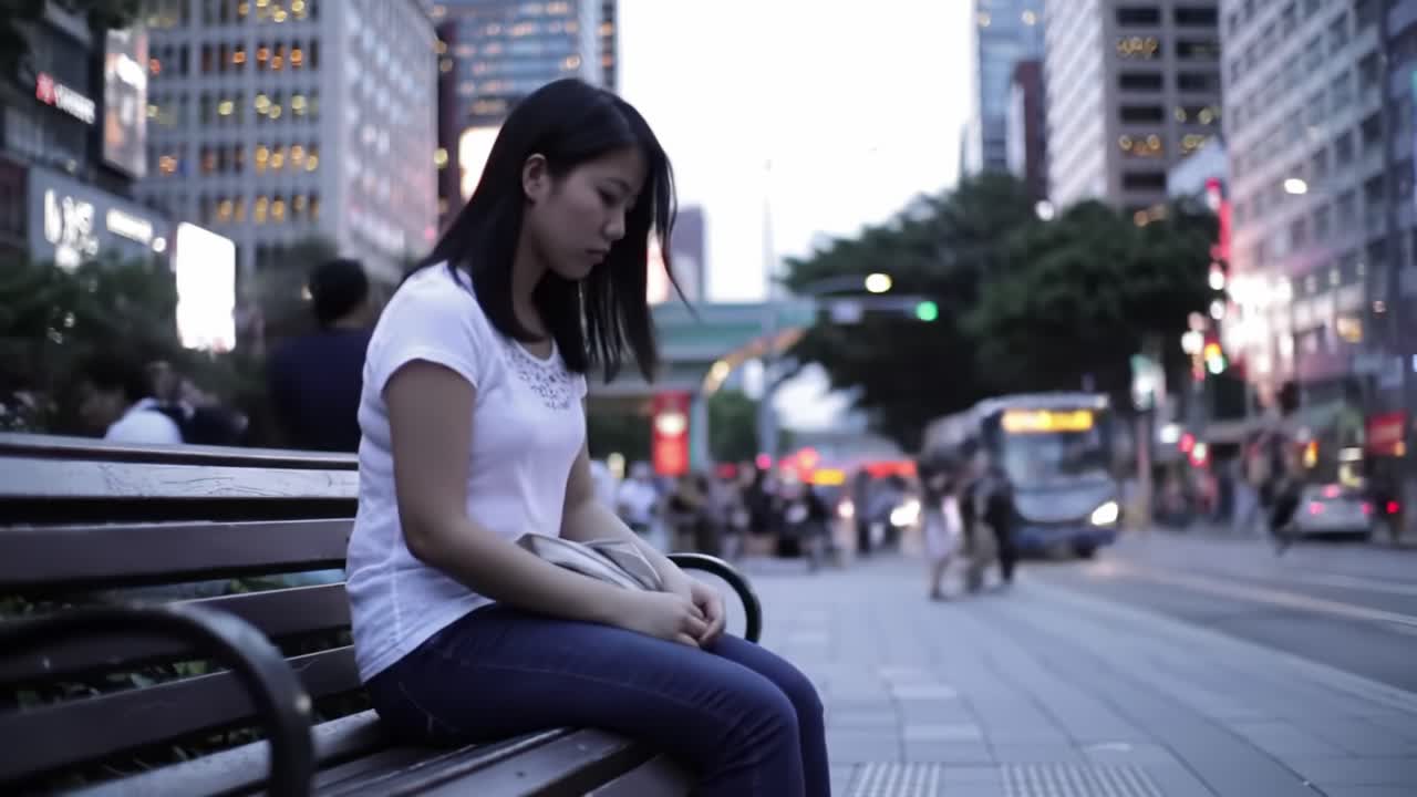 Young Woman Sitting Alone on a Bench in a City at Dusk