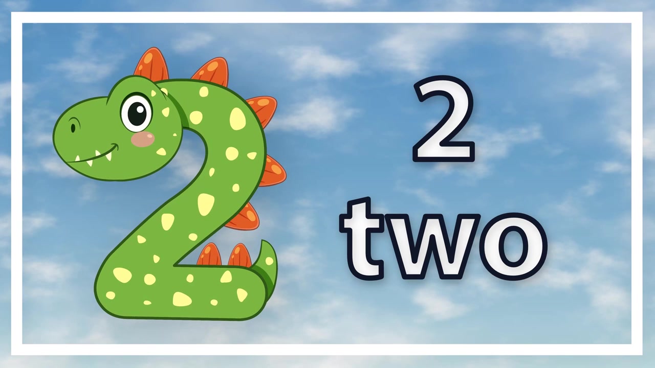 Cartoon dinosaur shaped as number two floats against a sunny blue sky with white clouds.