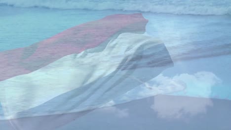 Animation-of-flag-of-netherlands-blowing-over-cloudy-blue-sky-and-waves-in-sea
