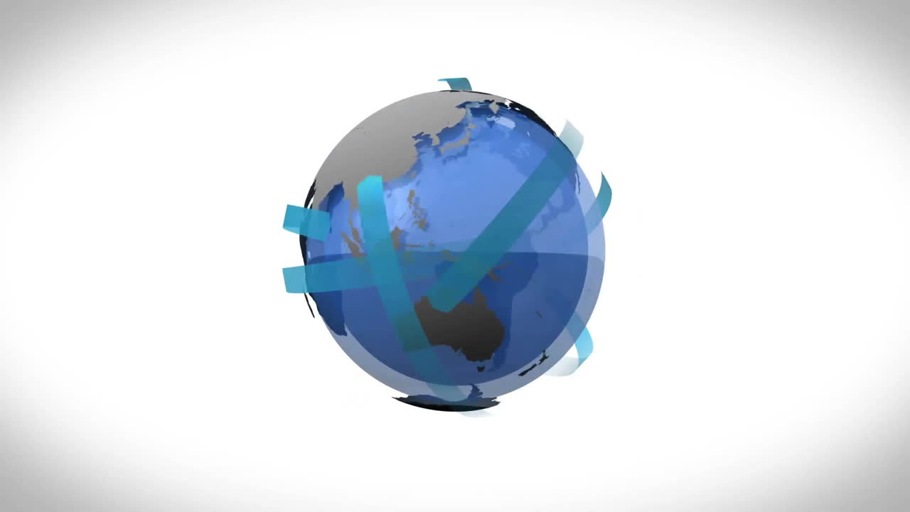 파란색 체크 마크와 함께 회전하는 지구, 글로벌 승인 애니메이션을 보여줍니다.