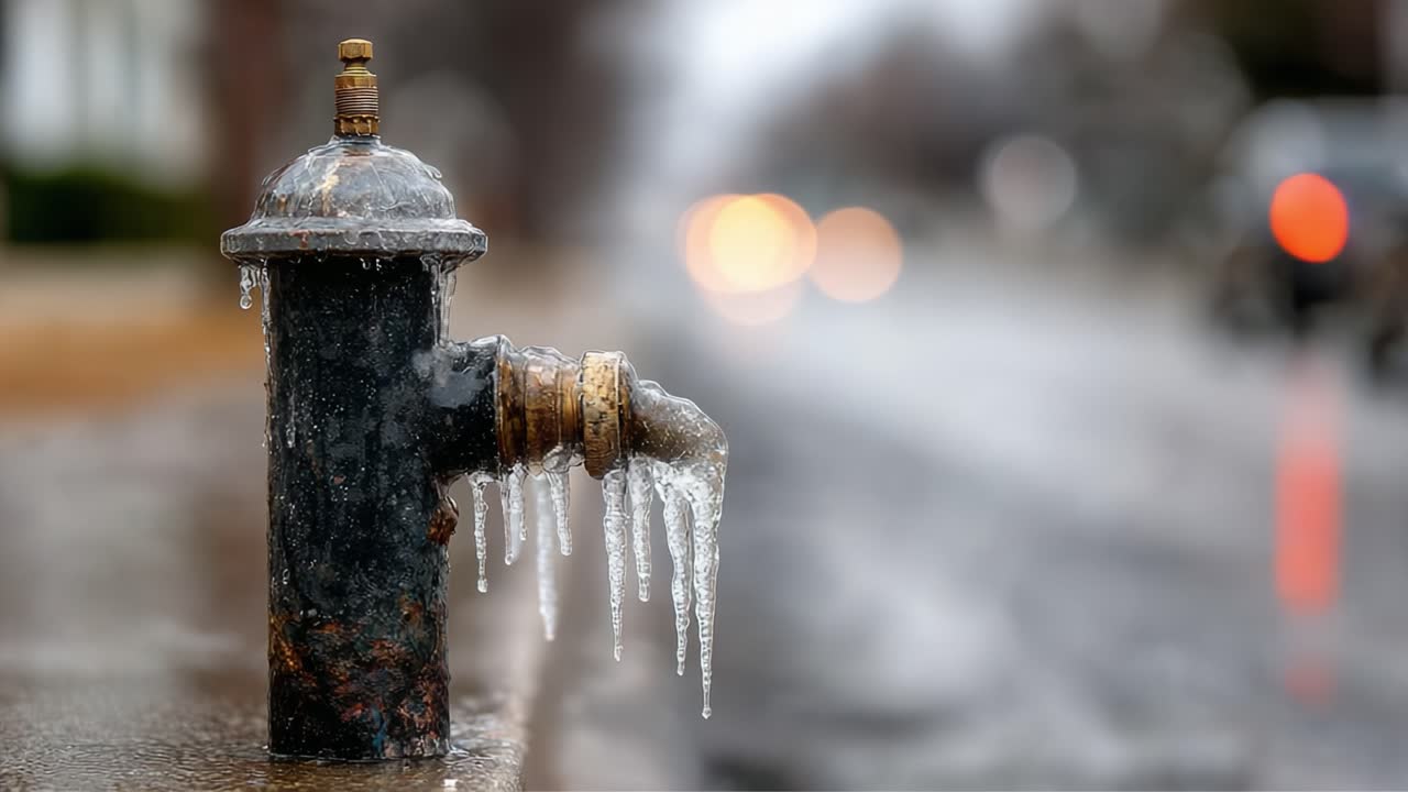 Gefrorener Hydrant: Einen einzigartigen Moment des Einflusses des Winterwetters auf die öffentliche Infrastruktur mit Eisformationen an einer Wasserquelle in einer städtischen Umgebung festhalten
