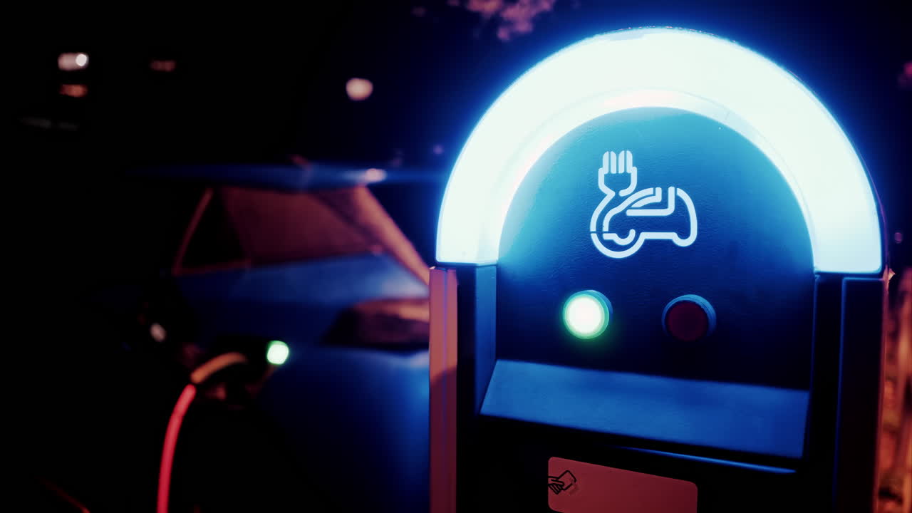 Close up of an illuminated, electric car charging station at night