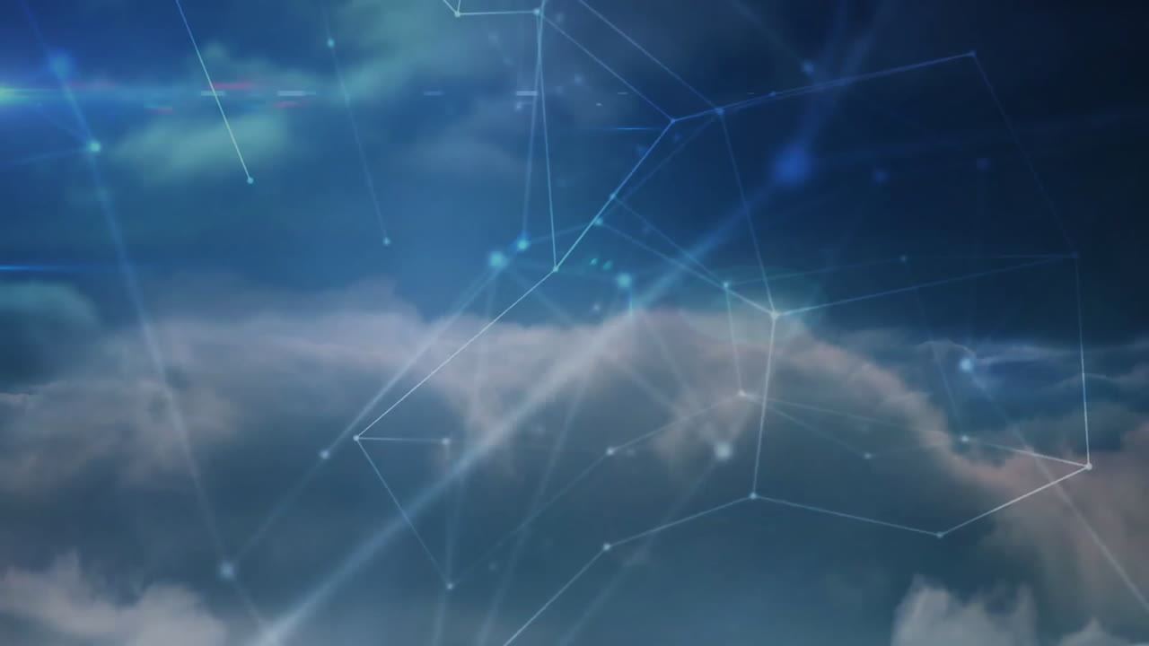 Digital network connections forming geometric patterns in sky with cloud animation