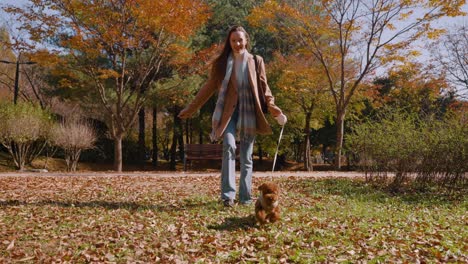 happy caucasian woman running with toy poodle dog on leash through autumn park meadow in slow motion - front view pull back shot