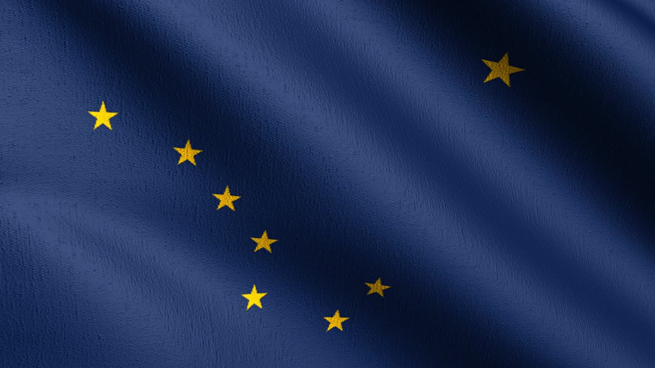 loop sem costura 4k vdo. bandeira do estado do alasca nos estados unidos da américa, eua, soprando no vento isolado. design abstrato patriótico oficial. ilustração de renderização 3d do símbolo do sinal ondulante.