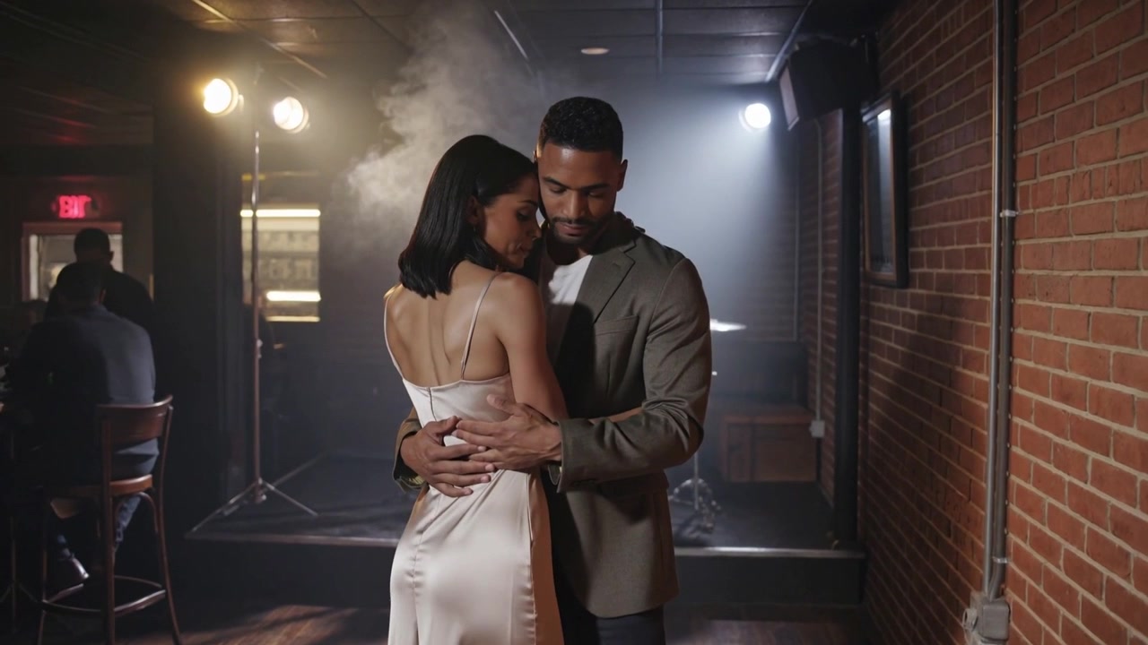 Slow-dancing man in blazer, woman in satin slip, swaying while band starts in club with smoke