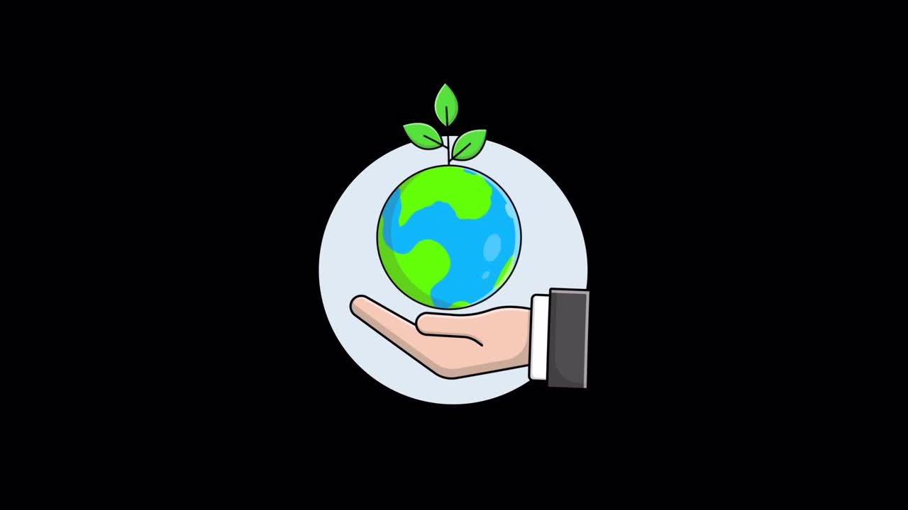 Animated Icon of Hand Holding Rotating Earth with Green Leaves