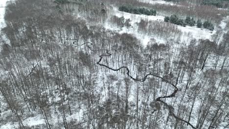 Paisaje-De-Invierno-Aéreo-Bosque-Cubierto-De-Nieve-Blanca-Drone-Volar-Sobre-Bosques-Congelados