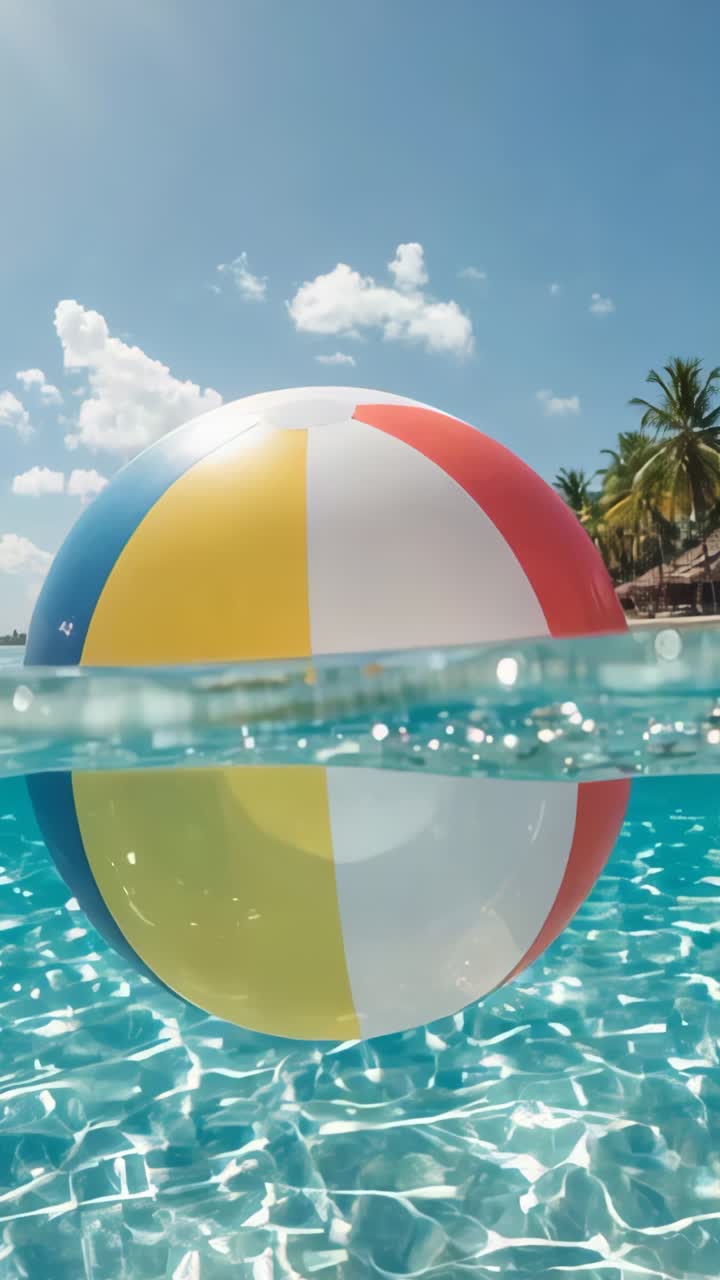 Vertical video: Ripples causing beach ball bobbing and rotating at lagoon surface, palm huts