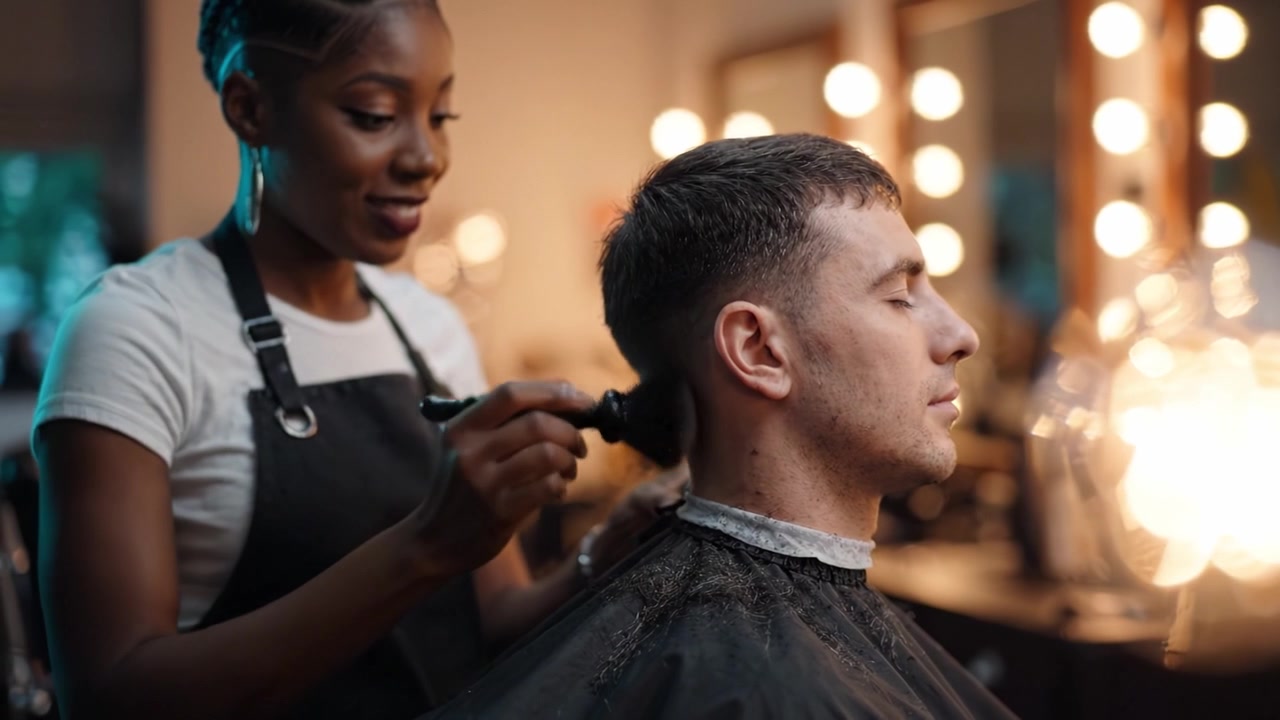 Stijlvolle kapperszaakervaring: knipproces vastgelegd met professionele gereedschappen, persoonlijke verzorging en een ontspannen sfeer, wat een uniek transformatiemoment creëert.