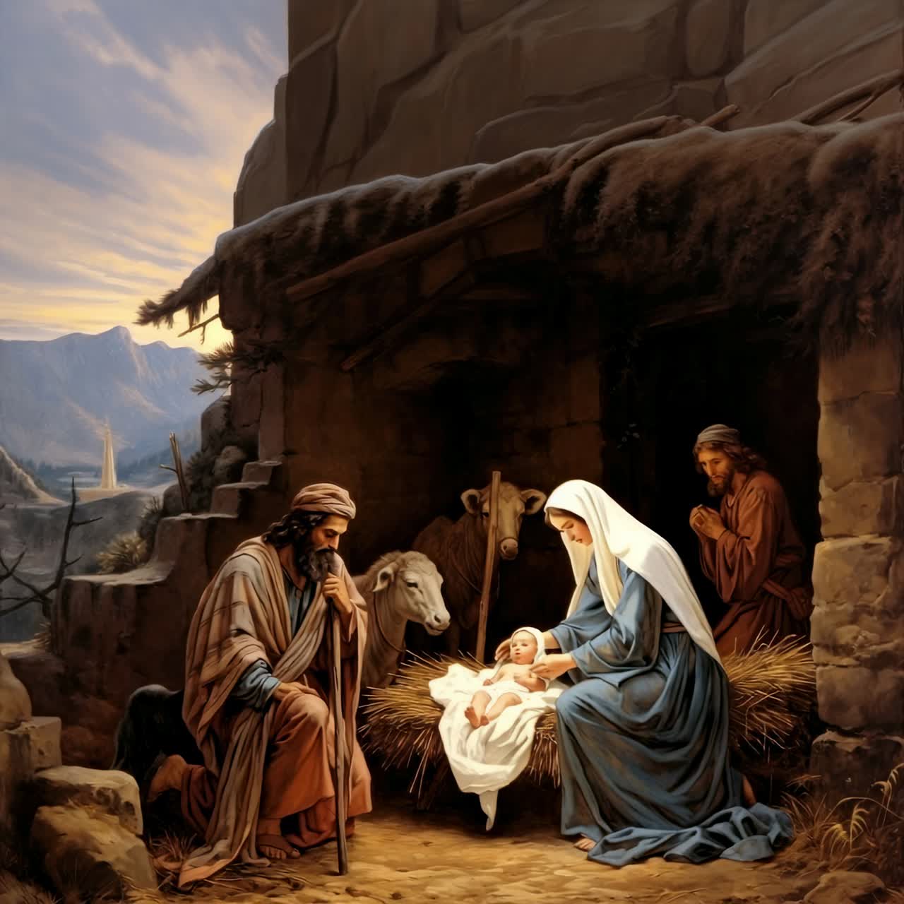 Una serena scena della natività con una visuale dal basso, che cattura la sacra famiglia in una stalla rustica