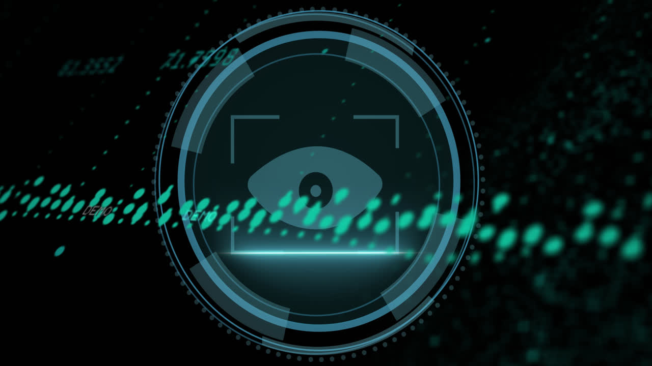 Animation of data processing against cyber security text banner and eye retina scanner