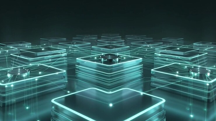 Digital Data Nodes Connecting in a Futuristic Network Grid