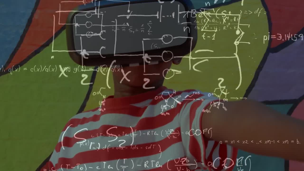 Animation of math formulas over african american boy in vr headset over colorful background