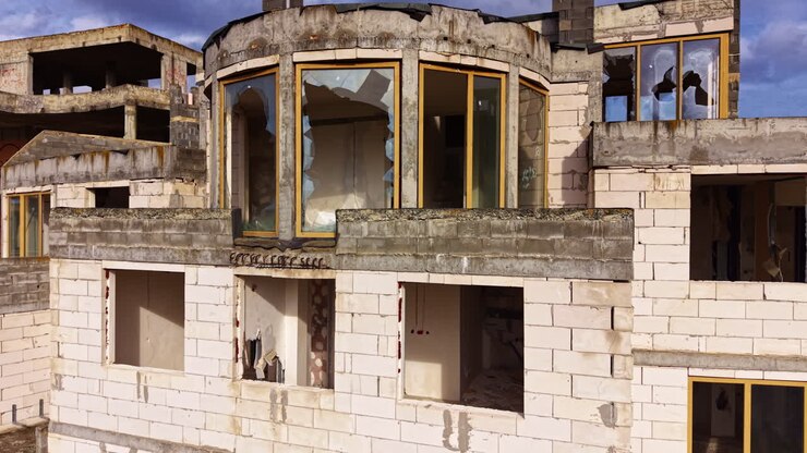 Cantiere edile con edificio incompiuto, mattoni a vista e dettagli di intelaiatura, illuminato dal sole di mezzogiorno