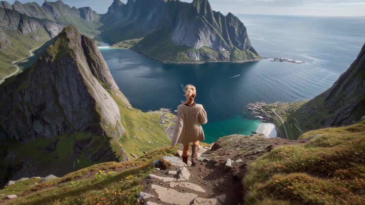 Rückansicht einer Frau, die auf einem felsigen Pfad oberhalb eines türkisfarbenen Fjords steht, mit steilen Gipfeln und einem Küstendorf darunter, an einem sonnigen Sommertag. Reise- und Abenteuerkonzept.