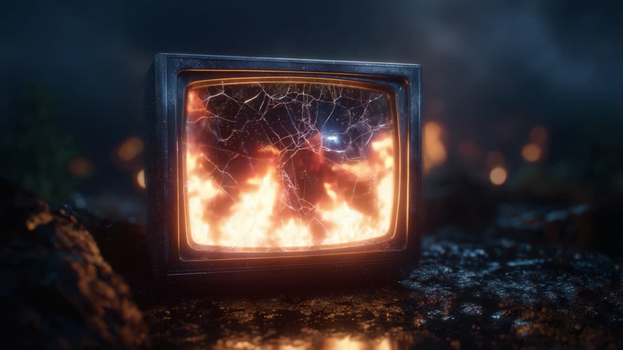 Dramatische Szene eines zerbrochenen und in Flammen stehenden Vintage-Fernsehers, der die Flammen und Ruinen um ihn herum in einer surrealen, künstlerischen Darstellung einfängt.